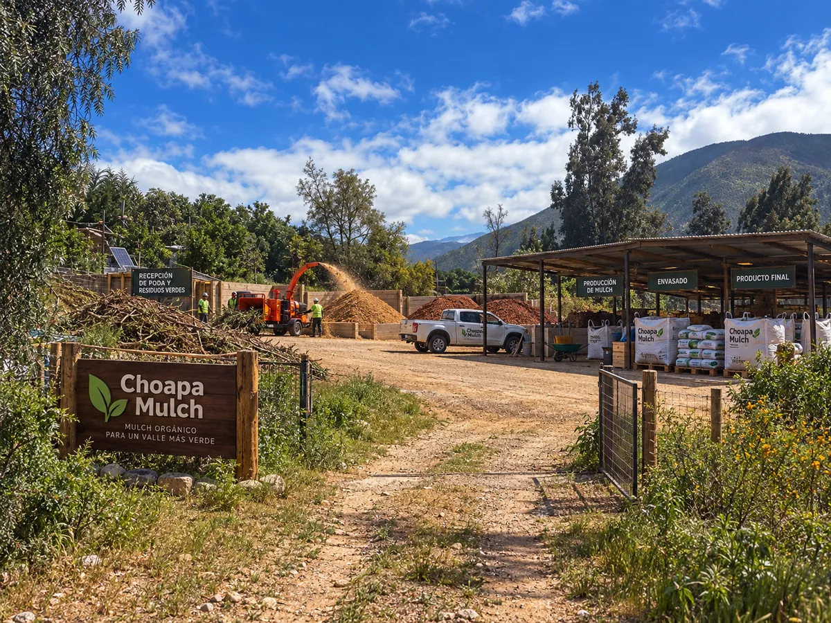 Entrada a la planta de Choapa Mulch: letrero de madera, zona de recepción de podas, chipeadora y sacos de mulch listos, con los cerros del valle al fondo